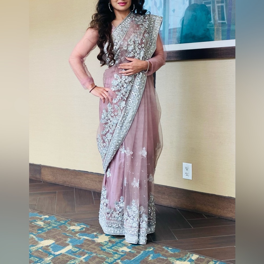 Elegant Pink and Silver Embellished Saree